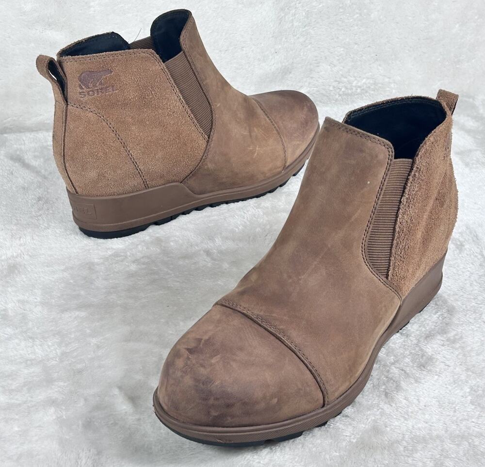 Sorel Boots Womens Size 10 Brown Joan Of Arctic Wedge Chelsea Leather NL3816-242